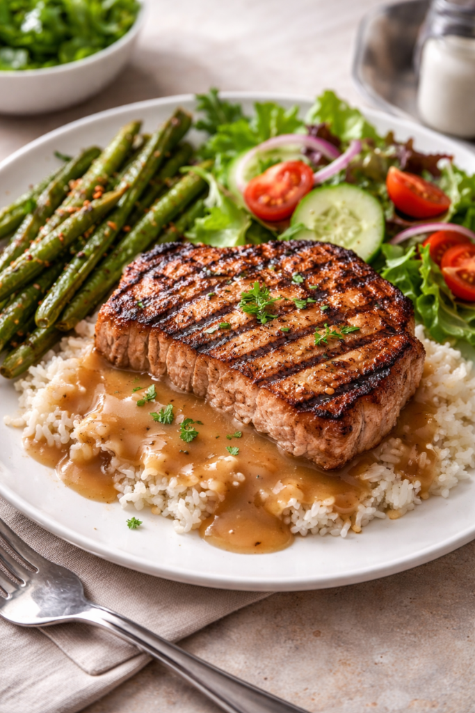 Pork Chops with Rice and Gravy Recipe Grilled Pork Chop With Sides 683x1024