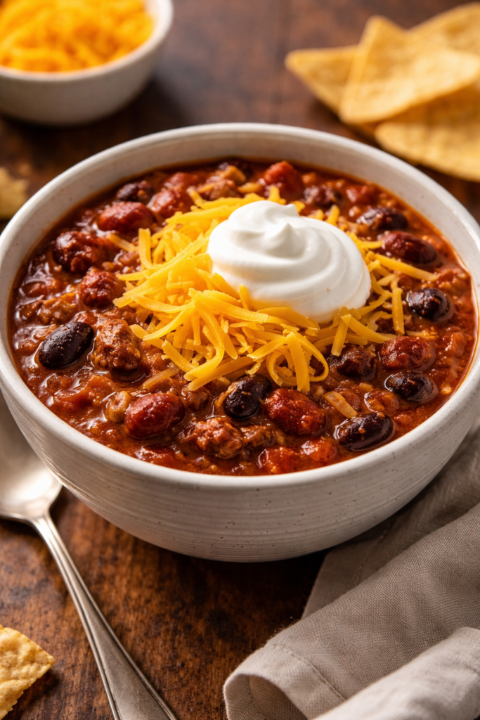 Hearty Chili Recipe Hearty Chili With Cheese And Sour Cream 683x1024